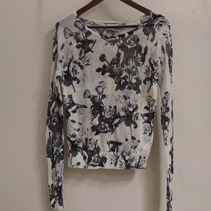Long sleeve mesh top with printed blue roses